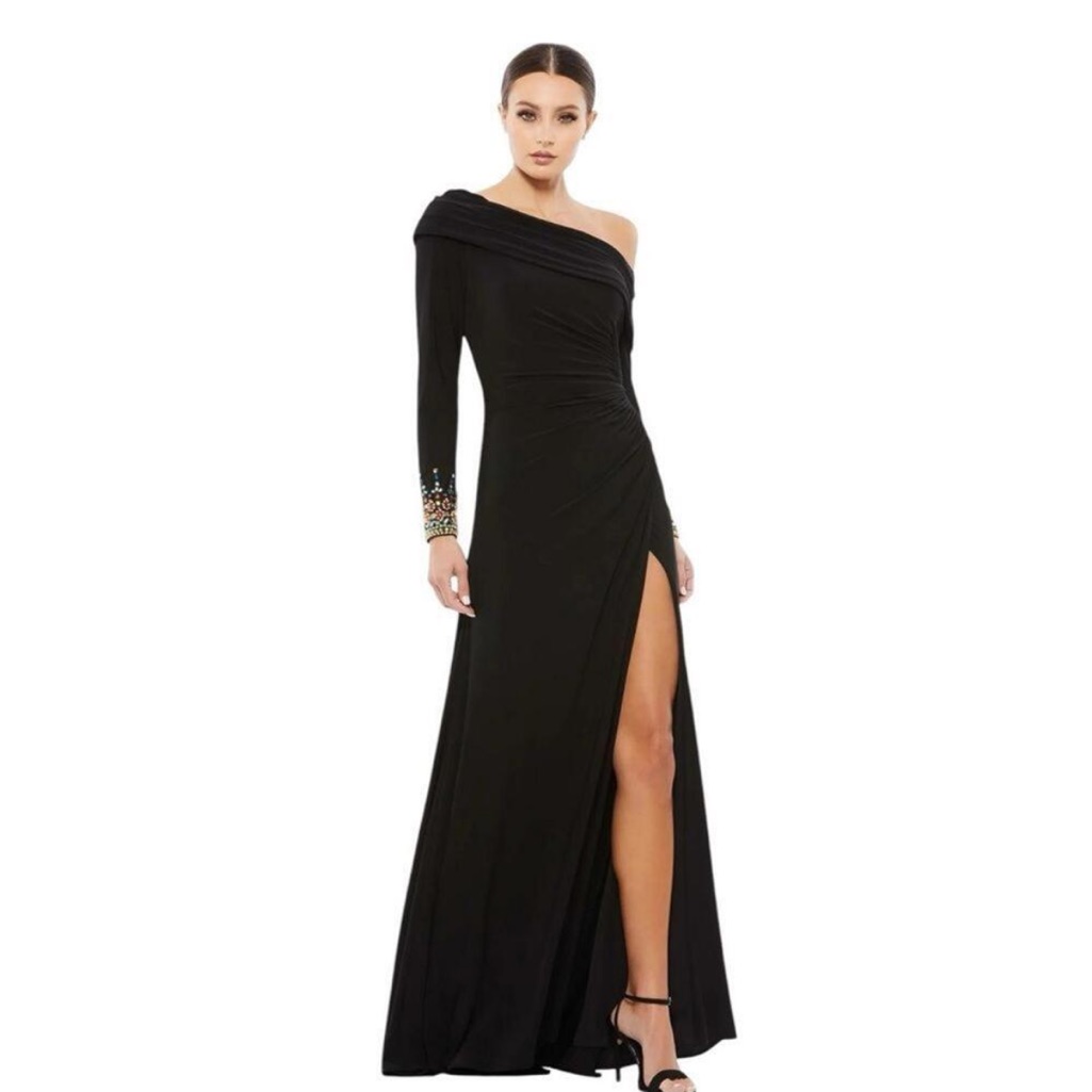 Mac Duggal Dress 14 Black Colorful Beaded Cuff Drop Shoulder Slit Gown 12231 New